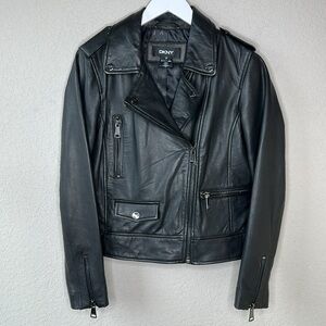 DKNY Women's Genuine Leather Motorcycle Jacket Medium Black Fully Lined Pockets